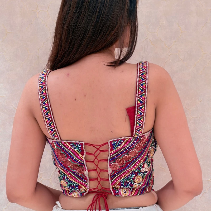 Red Multicolor Embroidered Corset Navratri Blouse with Beads & Sweetheart Neck — view 2