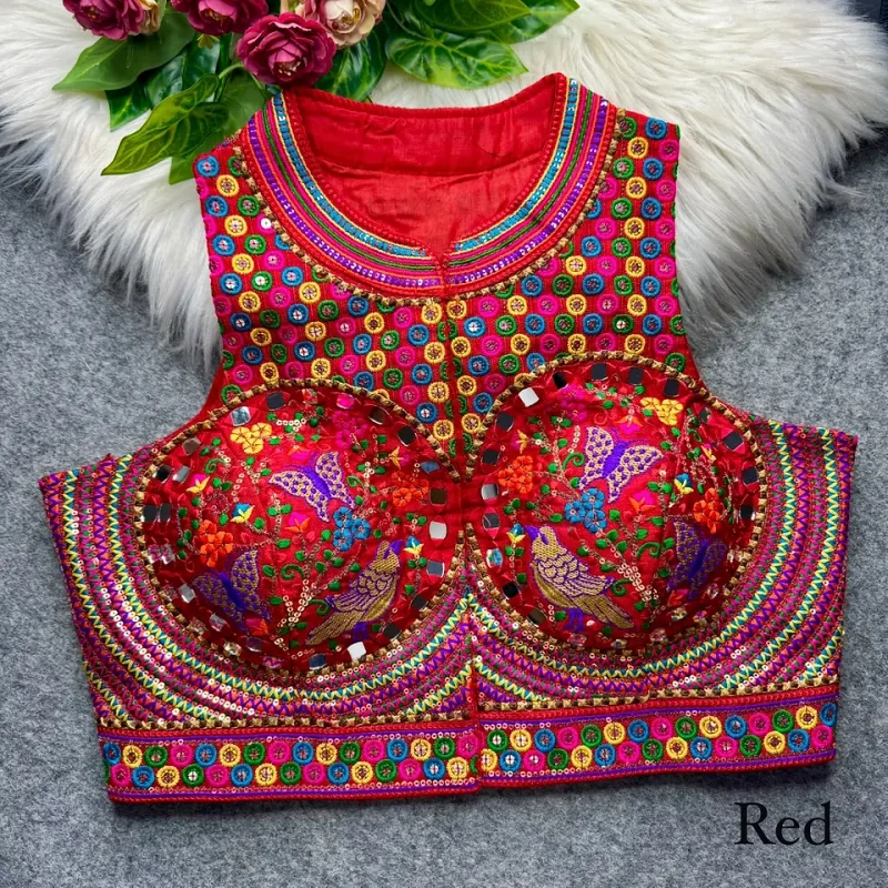 Red Halter Neck Mirror Work Navratri Blouse — view 2