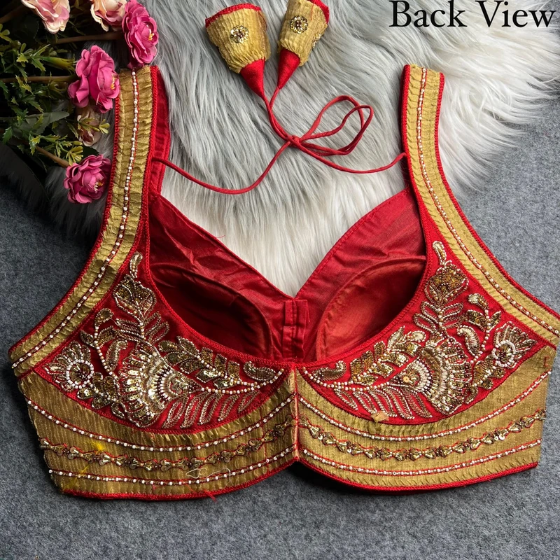 Red Karwa Chauth Special Italian Silk Readymade Blouse with Heavy Ribbon & Beads Work — view 2
