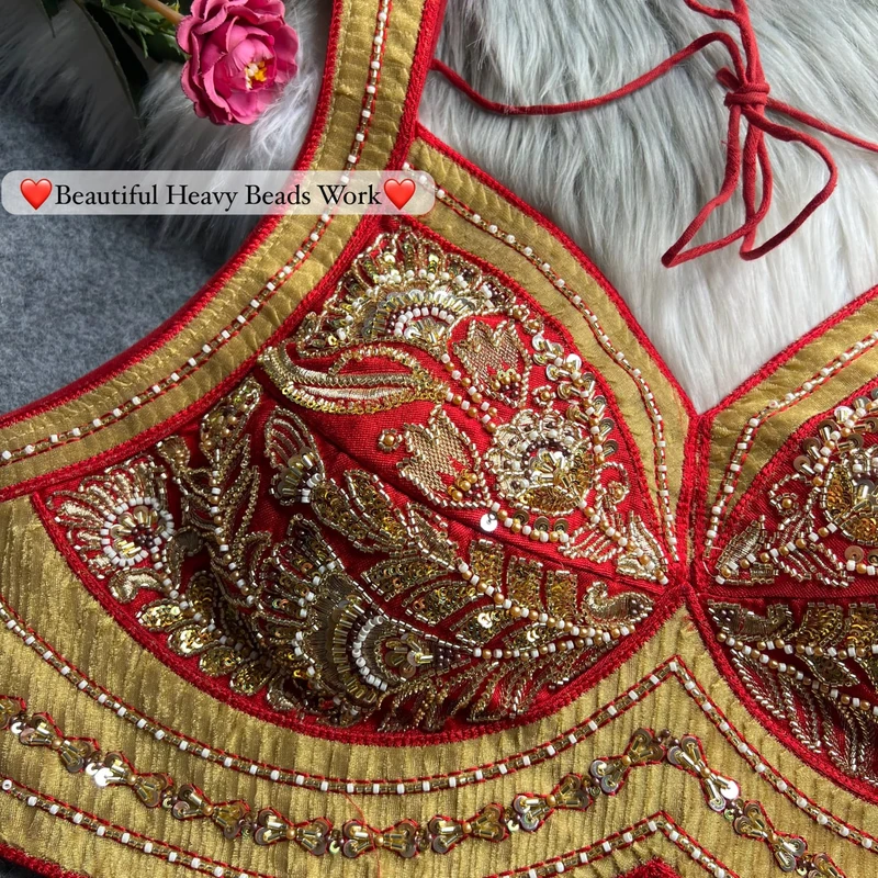Red Karwa Chauth Special Italian Silk Readymade Blouse with Heavy Ribbon & Beads Work — view 3