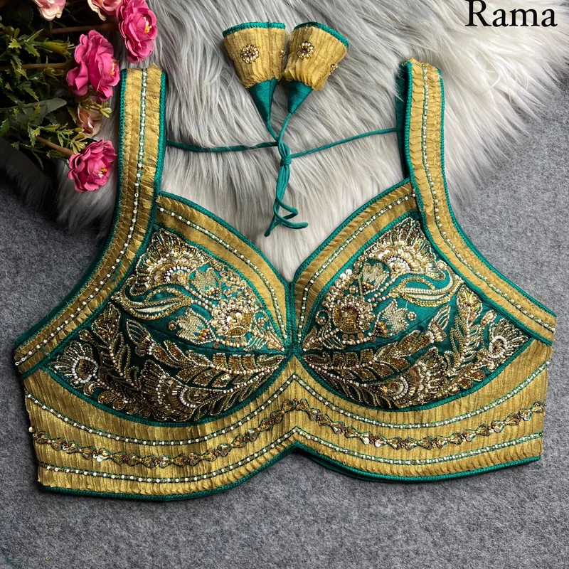 Rama Karwa Chauth Special Italian Silk Readymade Blouse with Heavy Ribbon & Beads Work