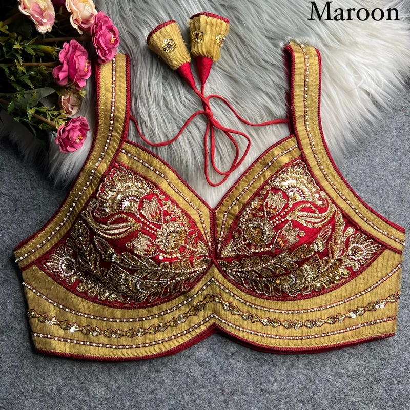 Maroon Karwa Chauth Special Italian Silk Readymade Blouse with Heavy Ribbon & Beads Work