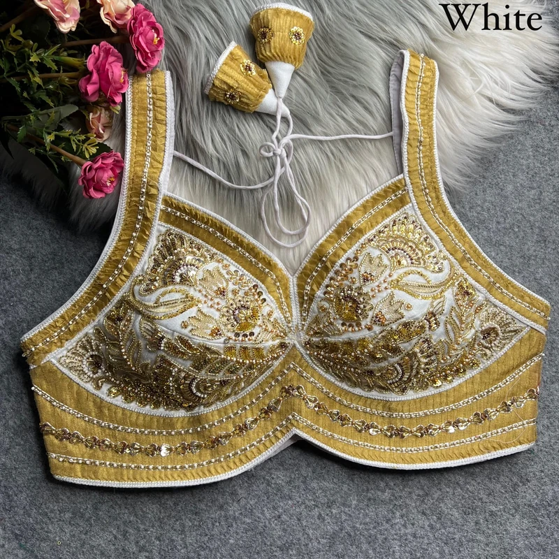 White Karwa Chauth Special Italian Silk Readymade Blouse with Heavy Ribbon & Beads Work