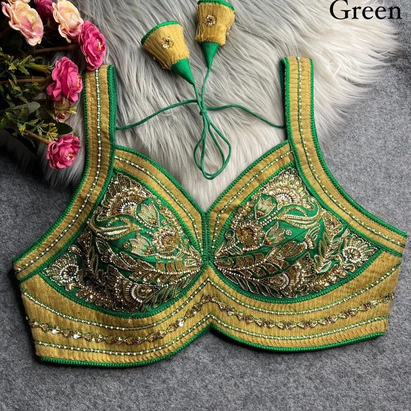 Green Karwa Chauth Special Italian Silk Readymade Blouse with Heavy Ribbon & Beads Work