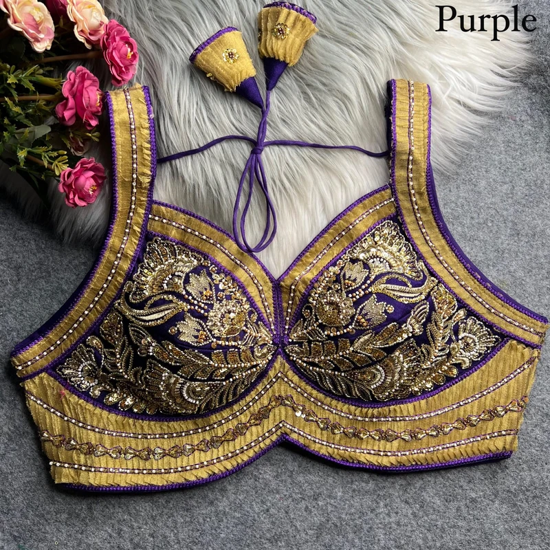 Purple Karwa Chauth Special Italian Silk Readymade Blouse with Heavy Ribbon & Beads Work