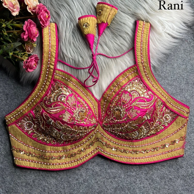 Rani Karwa Chauth Special Italian Silk Readymade Blouse with Heavy Ribbon & Beads Work