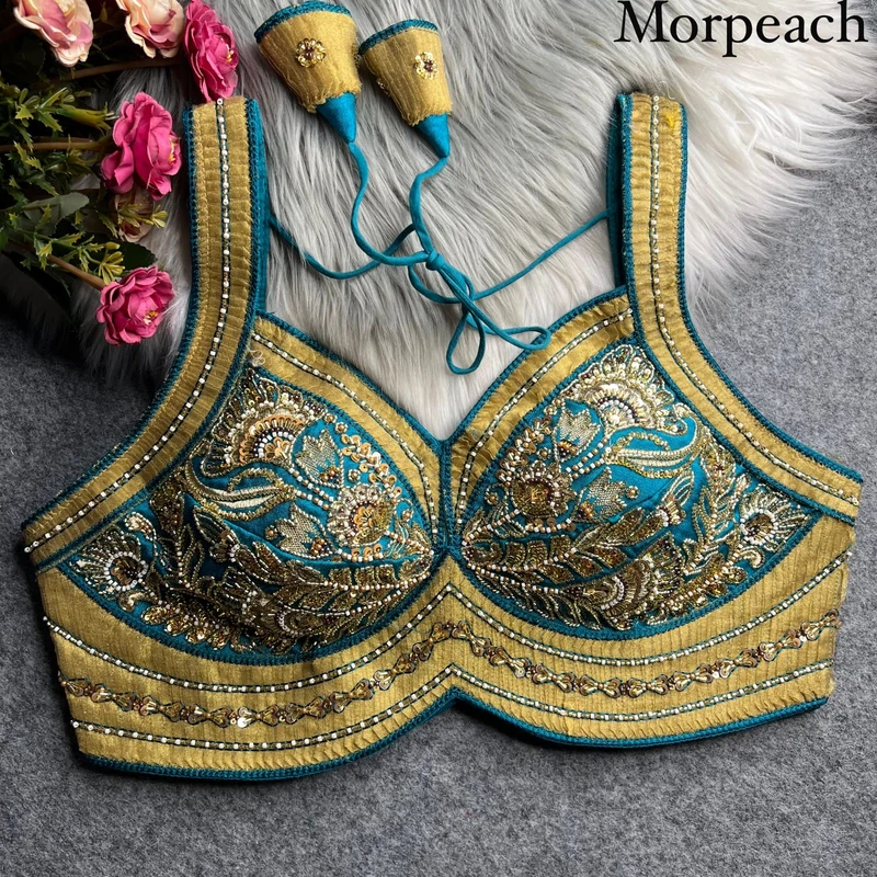 Morepeach Karwa Chauth Special Italian Silk Readymade Blouse with Heavy Ribbon & Beads Work