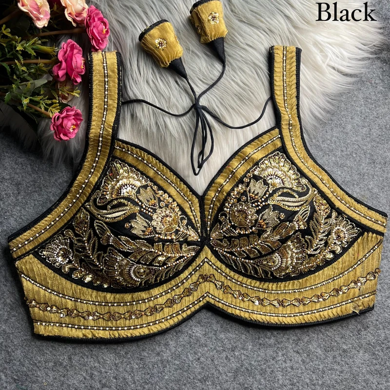 Black Karwa Chauth Special Italian Silk Readymade Blouse with Heavy Ribbon & Beads Work