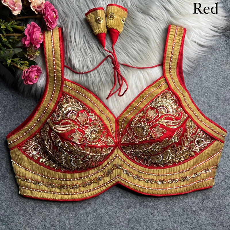 Red Karwa Chauth Special Italian Silk Readymade Blouse with Heavy Ribbon & Beads Work — view 4