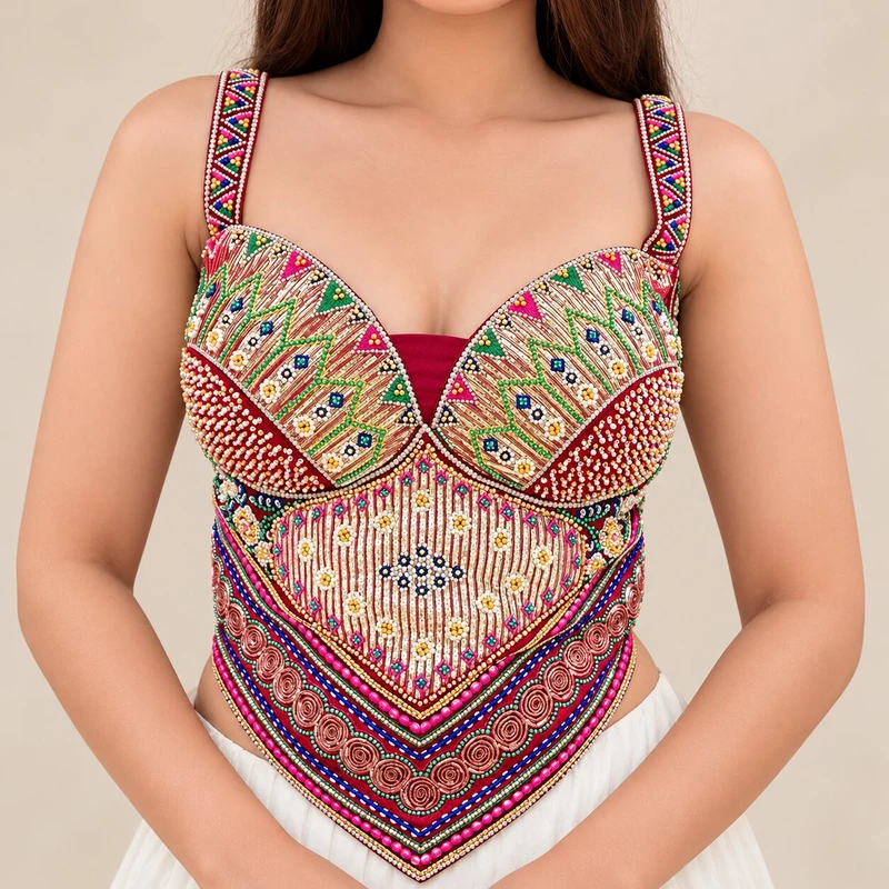 Red Multicolor Embroidered Corset Navratri Blouse with Beads & Sweetheart Neck